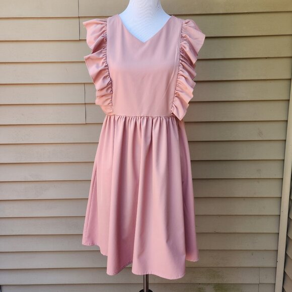 SHEIN Pink V-Neck Dress Ruffle Trim Solid Side Zip Sleeveless - Picture 2 of 13
